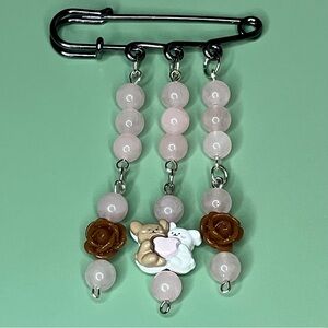 Handmade Rose Quartz with Brown Roses & Heart Bears Dangle Safety Pin Brooch